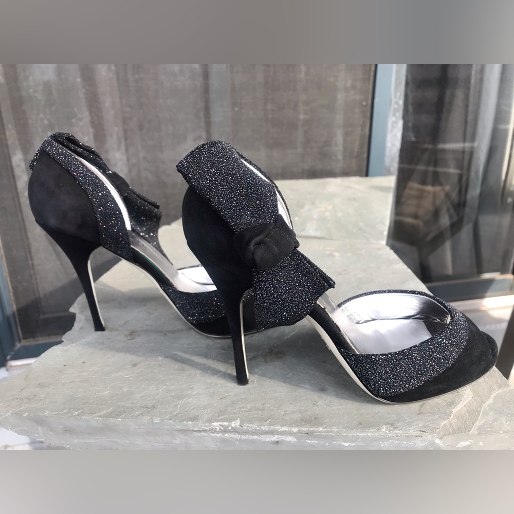Black Suede and Glitter Bow Stiletto Heels for Women